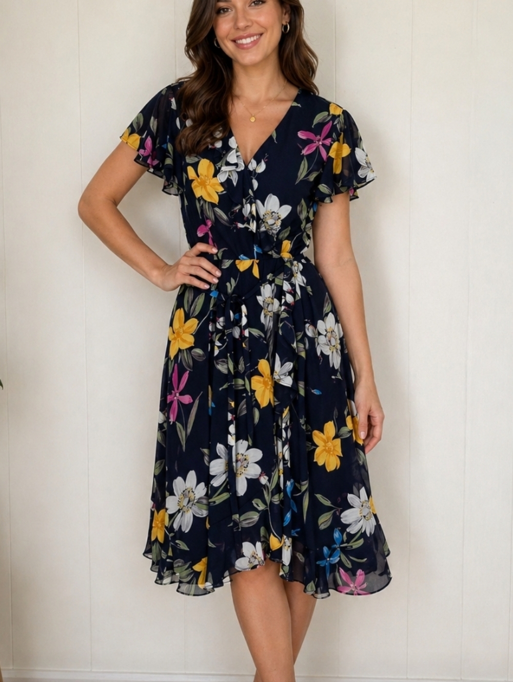 Adrianna Papell Faux Wrap Dress Floral Navy Blue Flutter Sleeve Feminine Sz 10